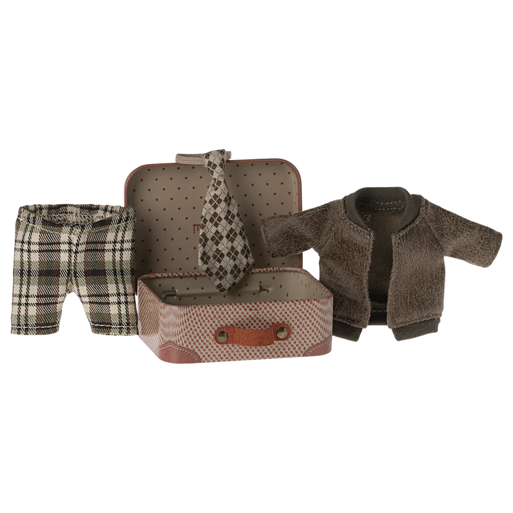 Pre Order Maileg jacket, pants and tie in suitcase, grandpa mouse Dilly Dally Kids