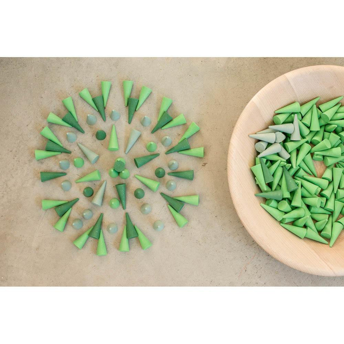 Grapat wood mini cones 36 pieces greens-blocks & building sets-Grapat-Dilly Dally Kids
