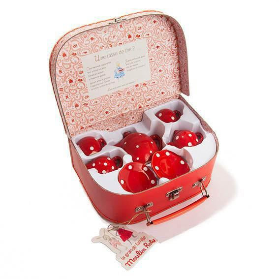 Moulin Roty red ceramic tea set in suitcase-pretend play-Fire the Imagination-Dilly Dally Kids