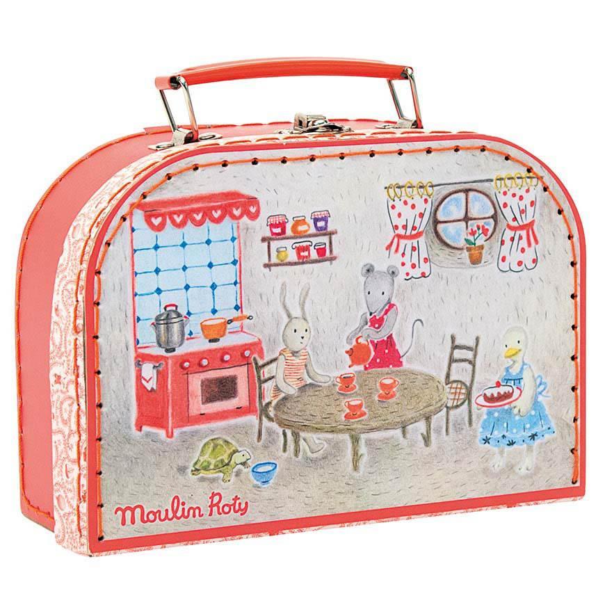 Moulin Roty red ceramic tea set in suitcase-pretend play-Fire the Imagination-Dilly Dally Kids