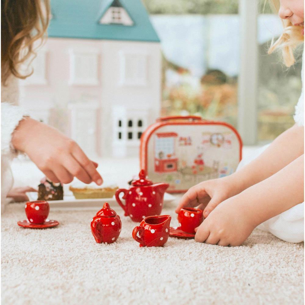 Moulin Roty red ceramic tea set in suitcase-pretend play-Fire the Imagination-Dilly Dally Kids