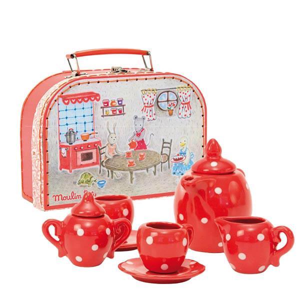 Moulin Roty red ceramic tea set in suitcase-pretend play-Fire the Imagination-Dilly Dally Kids