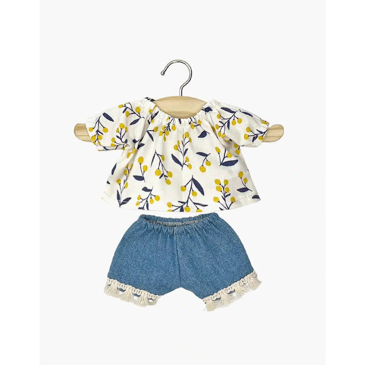 Minikane amigas Rosalie blouse top set in mimosa cotton and denim shorts with fringes